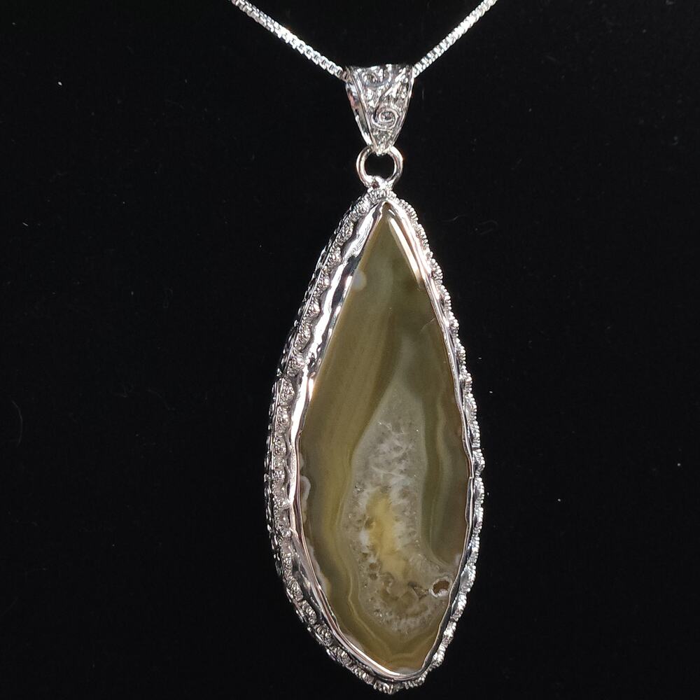Handmade Olive Green Agate Druzy Necklace – Sterling Silver